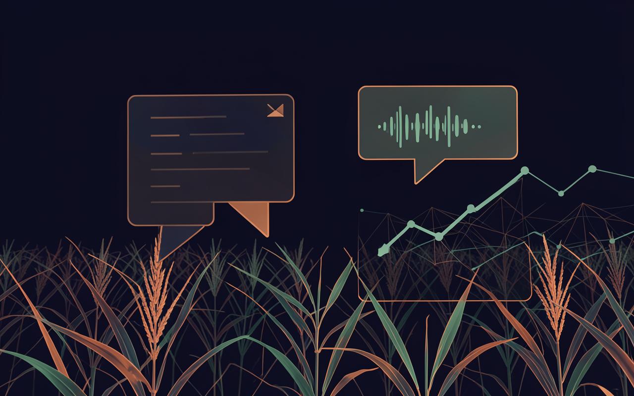 Abstract messaging bubbles and voice waveform over a cash-flow chart in a crop field