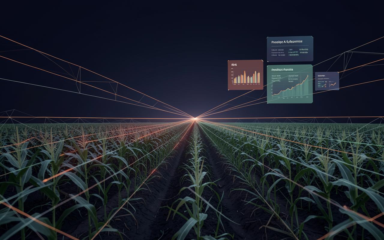 Abstract crop rows in perspective with predictive data panels
