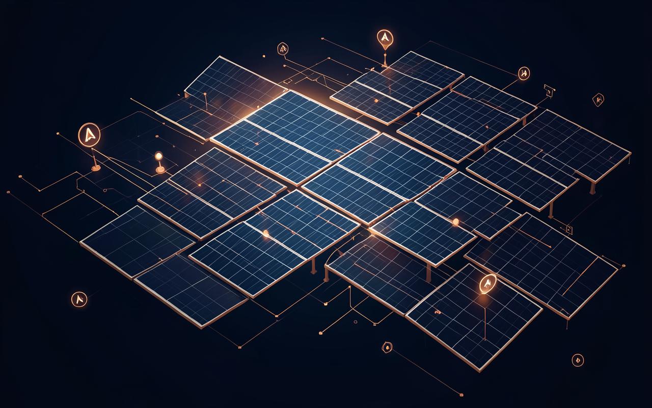 Abstract solar panel array with telemetry lines and alert markers