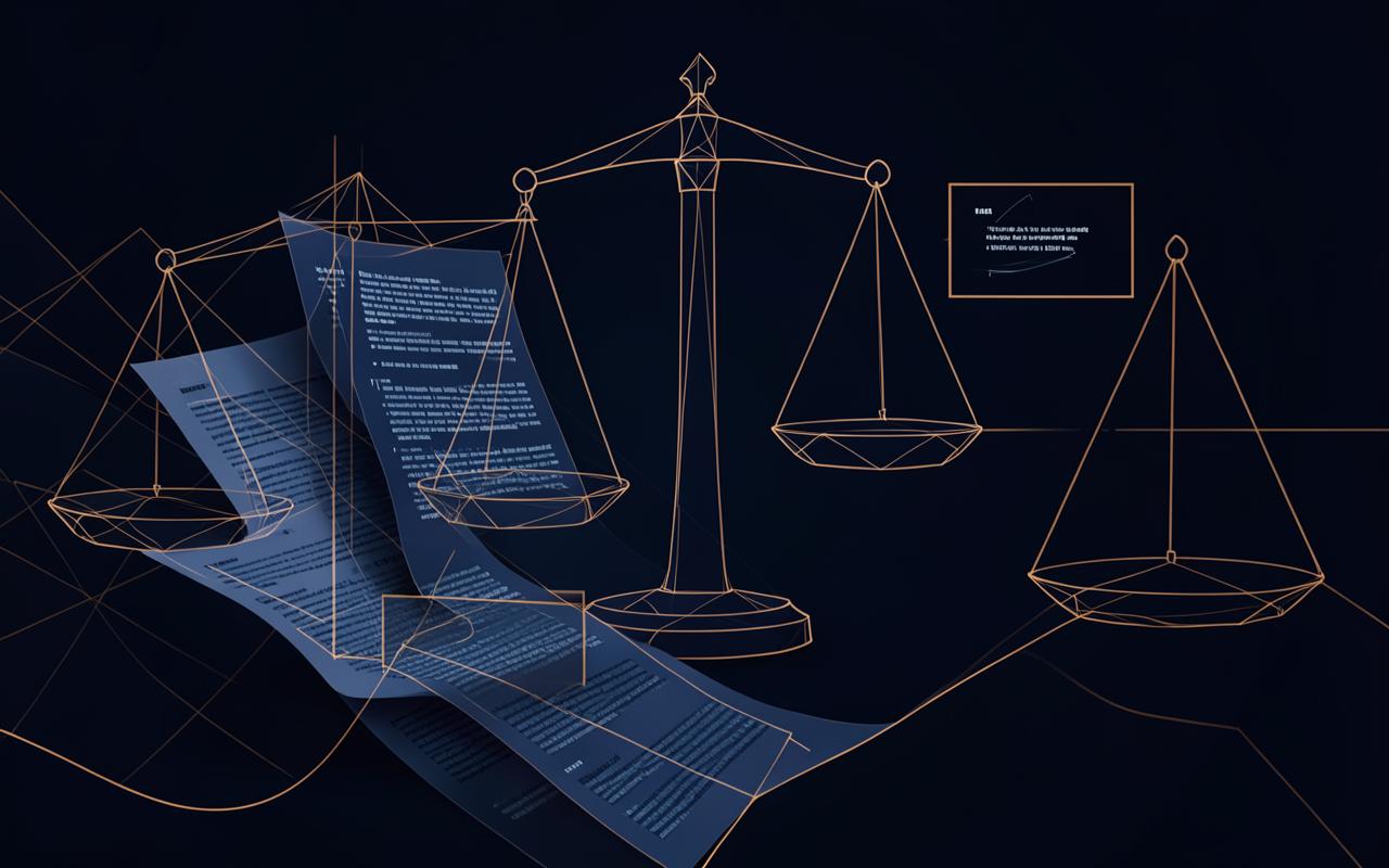 Abstract illustration of scales of justice over legal documents with data extraction overlays
