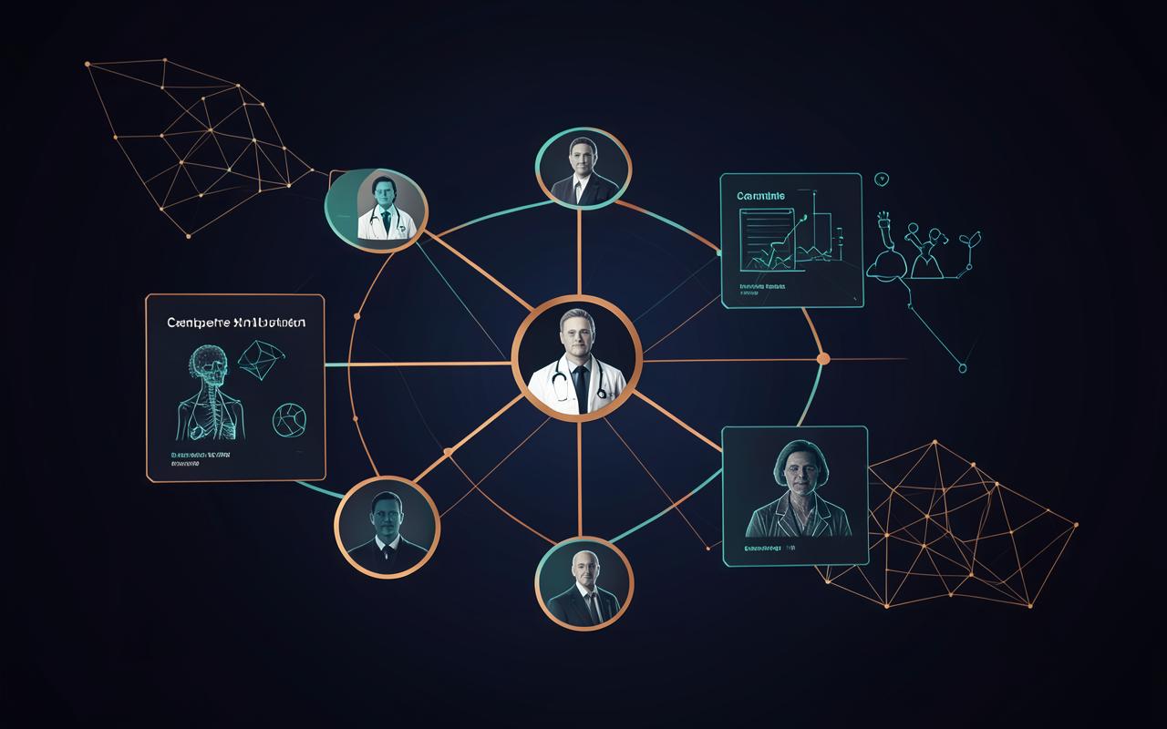Abstract network connecting physician profiles to personalized medical content cards